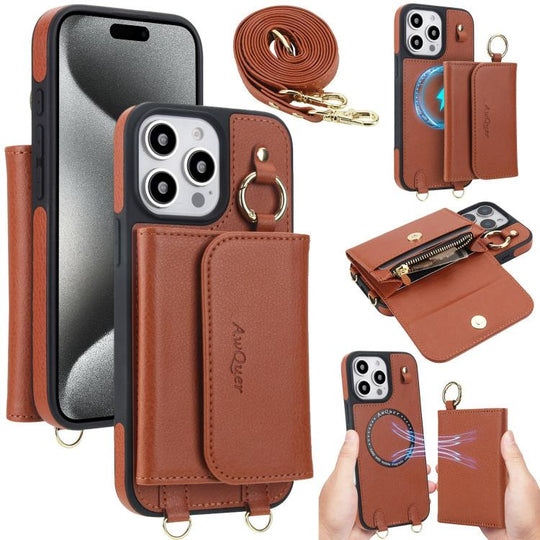 For iPhone 15 Pro Max AwQuer 2 in 1 Crossbody Wallet Leather Back Phone Case(Brown)