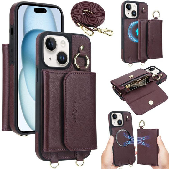 For iPhone 15 Plus AwQuer 2 in 1 Crossbody Wallet Leather Back Phone Case(Wine Red)