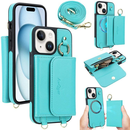 For iPhone 15 Plus AwQuer 2 in 1 Crossbody Wallet Leather Back Phone Case(Light Green)