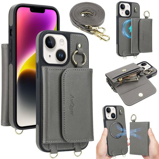 For iPhone 14 / 13 AwQuer 2 in 1 Crossbody Wallet Leather Back Phone Case(Grey)