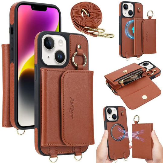 For iPhone 14 / 13 AwQuer 2 in 1 Crossbody Wallet Leather Back Phone Case(Brown)