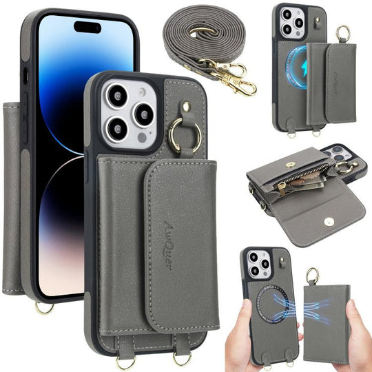 For iPhone 14 Pro AwQuer 2 in 1 Crossbody Wallet Leather Back Phone Case(Grey)