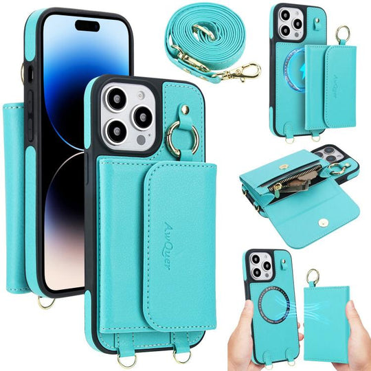 For iPhone 14 Pro AwQuer 2 in 1 Crossbody Wallet Leather Back Phone Case(Light Green)