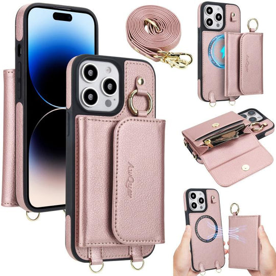 For iPhone 14 Pro Max AwQuer 2 in 1 Crossbody Wallet Leather Back Phone Case(Rose Gold)
