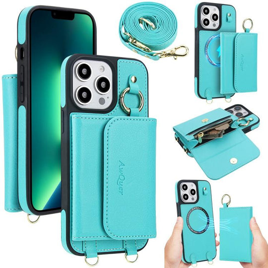 For iPhone 13 Pro Max AwQuer 2 in 1 Crossbody Wallet Leather Back Phone Case(Light Green)