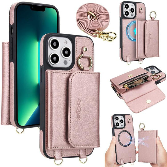 For iPhone 13 Pro Max AwQuer 2 in 1 Crossbody Wallet Leather Back Phone Case(Rose Gold)