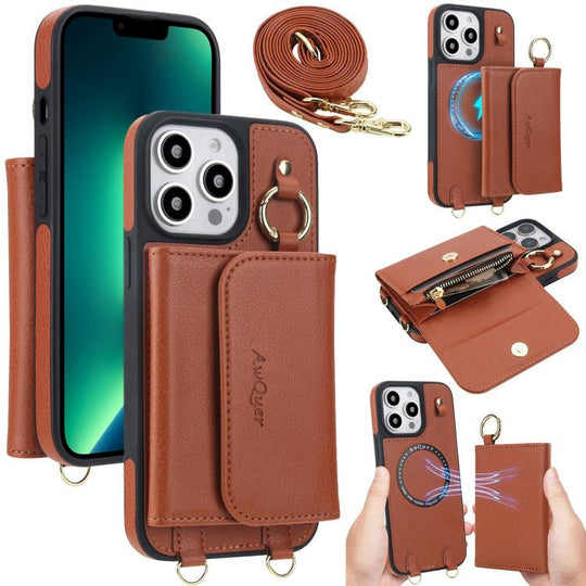 For iPhone 13 Pro Max AwQuer 2 in 1 Crossbody Wallet Leather Back Phone Case(Brown)