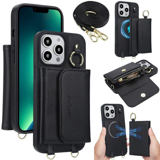 For iPhone 13 Pro AwQuer 2 in 1 Crossbody Wallet Leather Back Phone Case(Black)