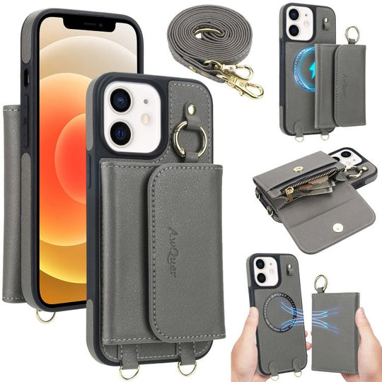 For iPhone 12 / 12 Pro AwQuer 2 in 1 Crossbody Wallet Leather Back Phone Case(Grey)