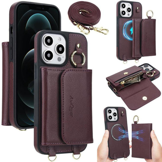 For iPhone 12 Pro Max AwQuer 2 in 1 Crossbody Wallet Leather Back Phone Case(Wine Red)
