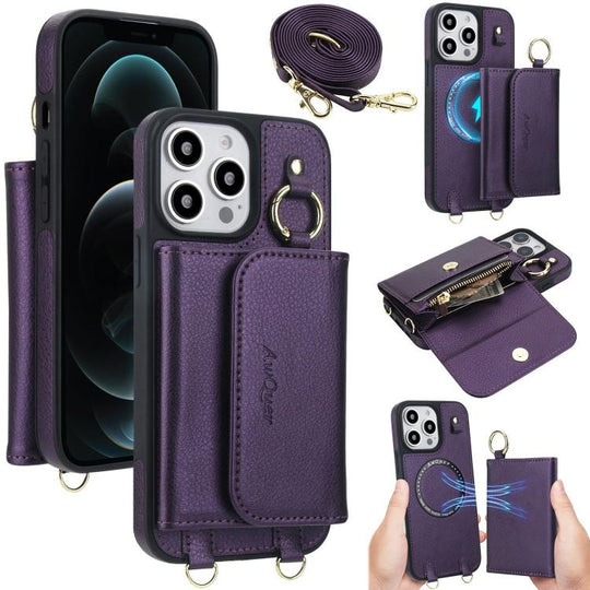For iPhone 12 Pro Max AwQuer 2 in 1 Crossbody Wallet Leather Back Phone Case(Dark Purple)
