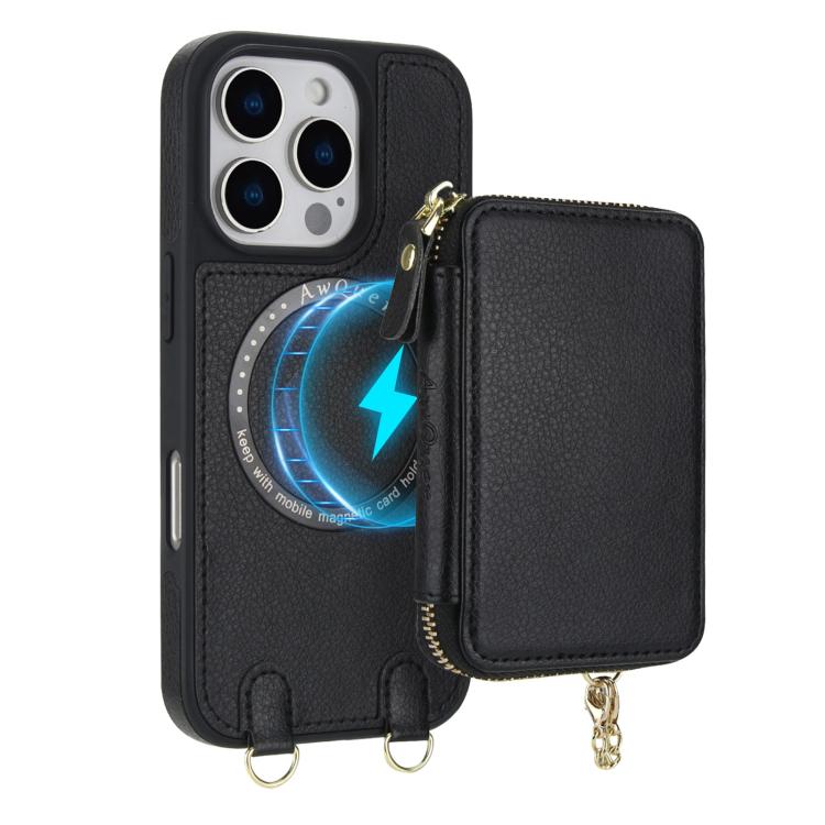 For iPhone 16 Pro Max AwQuer 2 in 1 Crossbody Wallet Leather Back Phone Case(Black) - iPhone 16 Pro Max Cases by Awquer | Online Shopping UK | buy2fix