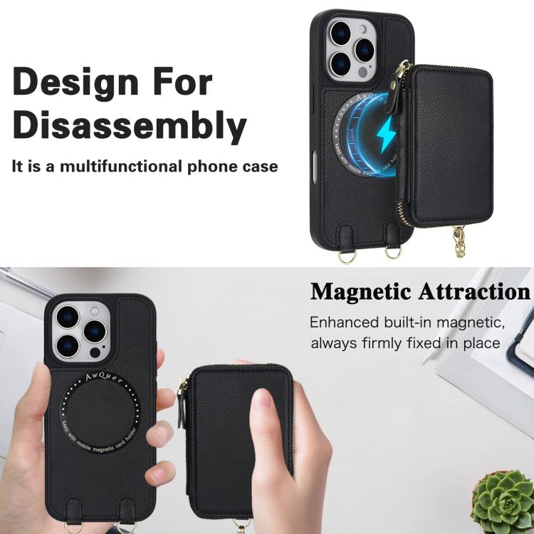 For iPhone 16 Pro Max AwQuer 2 in 1 Crossbody Wallet Leather Back Phone Case(Black) - iPhone 16 Pro Max Cases by Awquer | Online Shopping UK | buy2fix