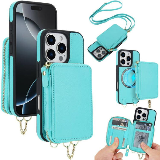For iPhone 16 Pro AwQuer 2 in 1 Crossbody Zipper Wallet Leather Back Phone Case(Light Green)