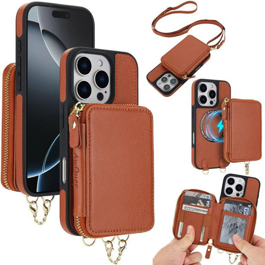 For iPhone 16 Pro AwQuer 2 in 1 Crossbody Zipper Wallet Leather Back Phone Case(Brown)
