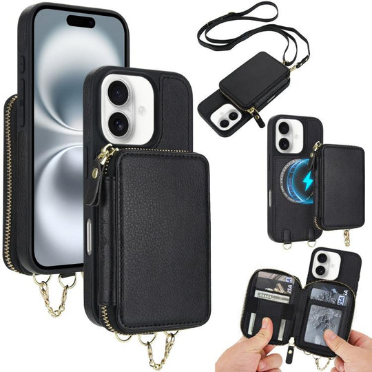 For iPhone 16 Plus AwQuer 2 in 1 Crossbody Zipper Wallet Leather Back Phone Case(Black)
