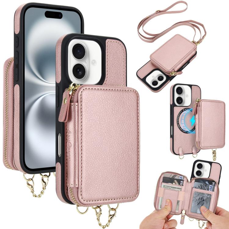For iPhone 16 Plus AwQuer 2 in 1 Crossbody Wallet Leather Back Phone Case(Rose Gold) - iPhone 16 Plus Cases by Awquer | Online Shopping UK | buy2fix