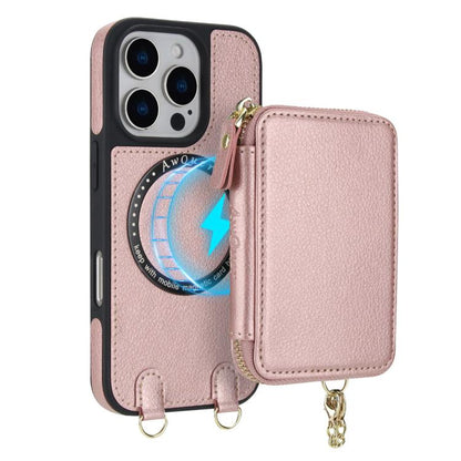 For iPhone 16 Plus AwQuer 2 in 1 Crossbody Wallet Leather Back Phone Case(Rose Gold) - iPhone 16 Plus Cases by Awquer | Online Shopping UK | buy2fix