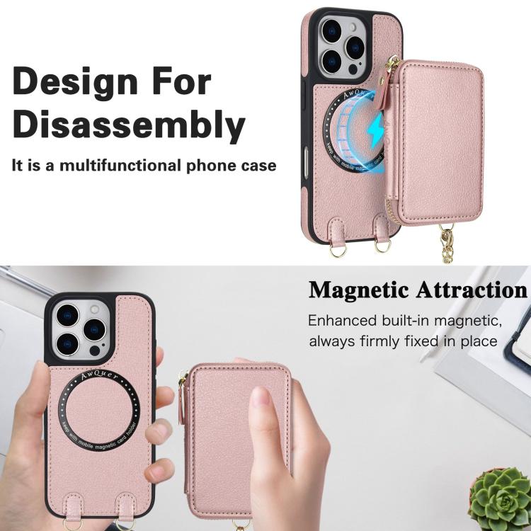 For iPhone 16 Plus AwQuer 2 in 1 Crossbody Wallet Leather Back Phone Case(Rose Gold) - iPhone 16 Plus Cases by Awquer | Online Shopping UK | buy2fix
