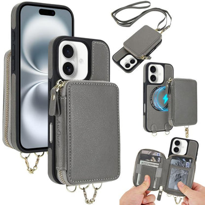 For iPhone 16 AwQuer 2 in 1 Crossbody Wallet Leather Back Phone Case(Grey) - iPhone 16 Cases by Awquer | Online Shopping UK | buy2fix