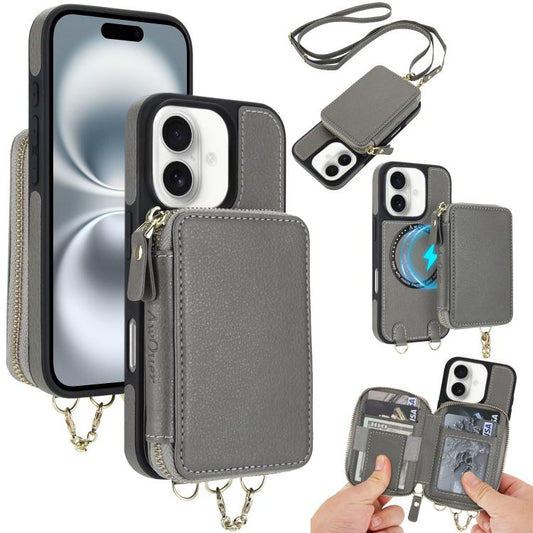 For iPhone 16 AwQuer 2 in 1 Crossbody Wallet Leather Back Phone Case(Grey) - iPhone 16 Cases by Awquer | Online Shopping UK | buy2fix