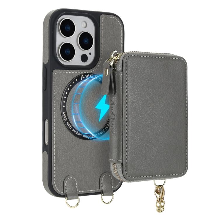 For iPhone 16 AwQuer 2 in 1 Crossbody Wallet Leather Back Phone Case(Grey) - iPhone 16 Cases by Awquer | Online Shopping UK | buy2fix