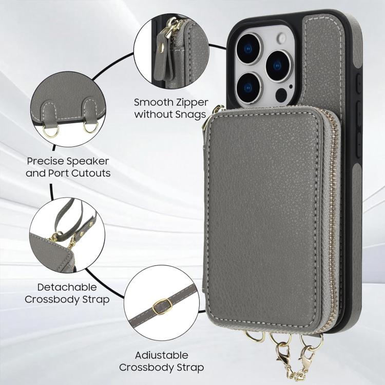For iPhone 16 AwQuer 2 in 1 Crossbody Wallet Leather Back Phone Case(Grey) - iPhone 16 Cases by Awquer | Online Shopping UK | buy2fix