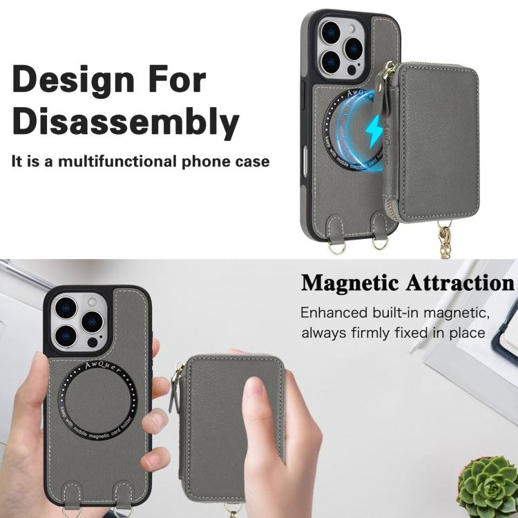For iPhone 16 AwQuer 2 in 1 Crossbody Wallet Leather Back Phone Case(Grey) - iPhone 16 Cases by Awquer | Online Shopping UK | buy2fix