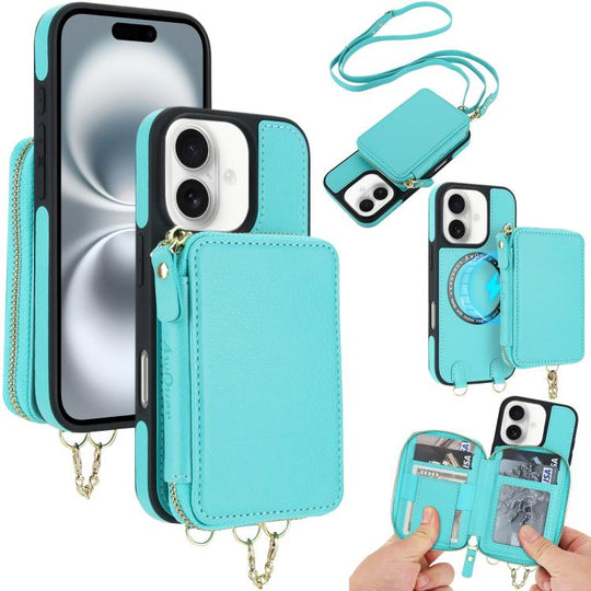 For iPhone 16 AwQuer 2 in 1 Crossbody Zipper Wallet Leather Back Phone Case(Light Green)
