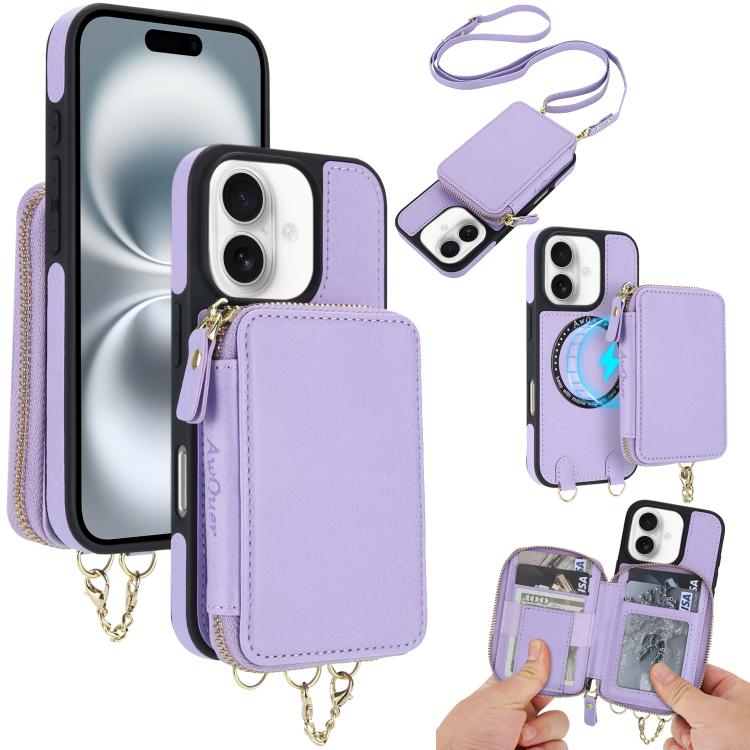 For iPhone 16 AwQuer 2 in 1 Crossbody Wallet Leather Back Phone Case(Light Purple) - iPhone 16 Cases by Awquer | Online Shopping UK | buy2fix