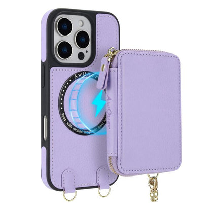 For iPhone 16 AwQuer 2 in 1 Crossbody Wallet Leather Back Phone Case(Light Purple) - iPhone 16 Cases by Awquer | Online Shopping UK | buy2fix