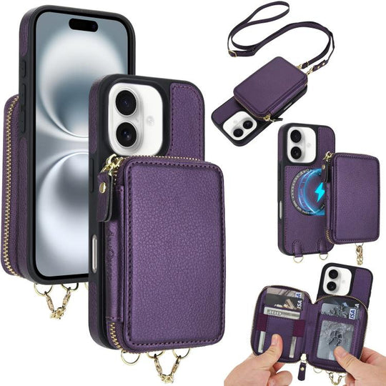 For iPhone 16 AwQuer 2 in 1 Crossbody Zipper Wallet Leather Back Phone Case(Dark Purple)