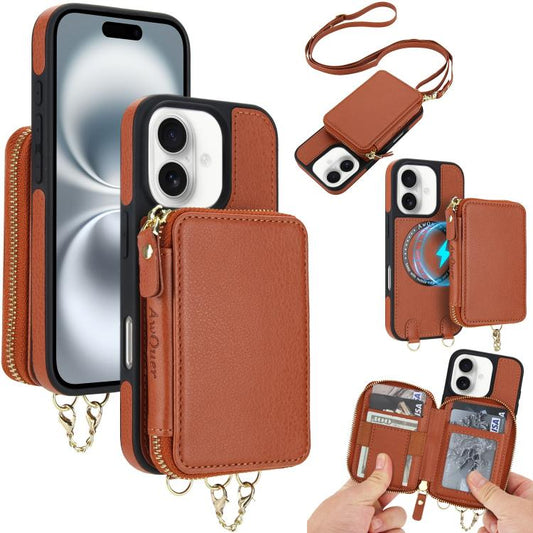 For iPhone 16 AwQuer 2 in 1 Crossbody Wallet Leather Back Phone Case(Brown) - iPhone 16 Cases by Awquer | Online Shopping UK | buy2fix