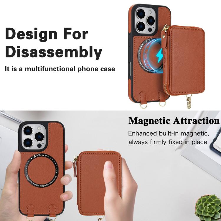 For iPhone 16 AwQuer 2 in 1 Crossbody Wallet Leather Back Phone Case(Brown) - iPhone 16 Cases by Awquer | Online Shopping UK | buy2fix
