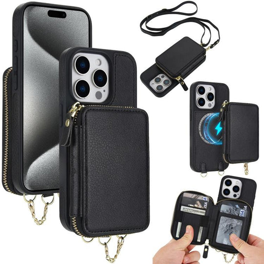 For iPhone 15 Pro Max AwQuer 2 in 1 Crossbody Zipper Wallet Leather Back Phone Case(Black)