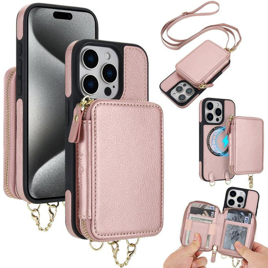For iPhone 15 Pro Max AwQuer 2 in 1 Crossbody Zipper Wallet Leather Back Phone Case(Rose Gold)