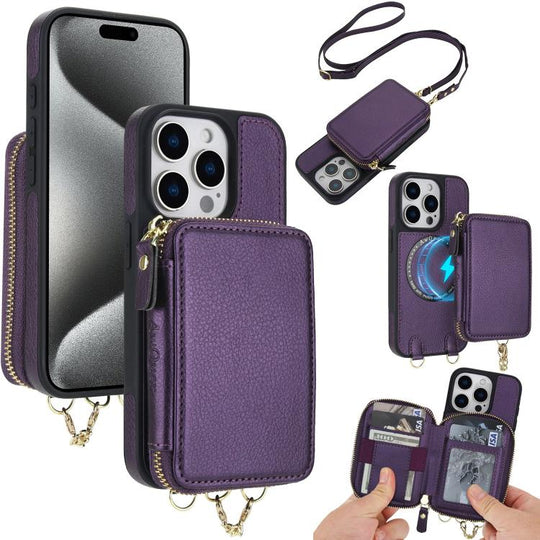 For iPhone 15 Pro Max AwQuer 2 in 1 Crossbody Zipper Wallet Leather Back Phone Case(Dark Purple)