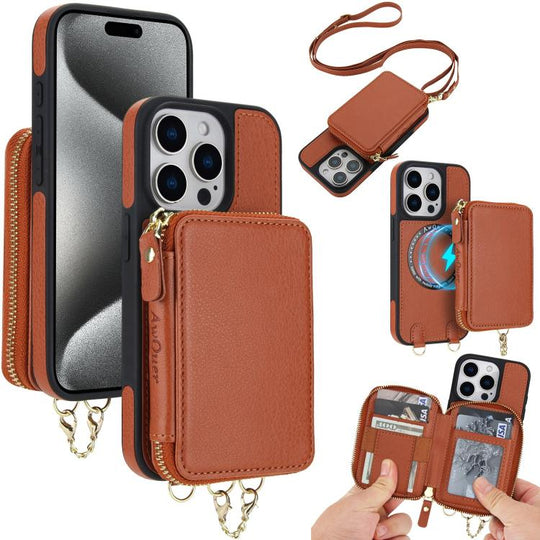 For iPhone 15 Pro Max AwQuer 2 in 1 Crossbody Zipper Wallet Leather Back Phone Case(Brown)