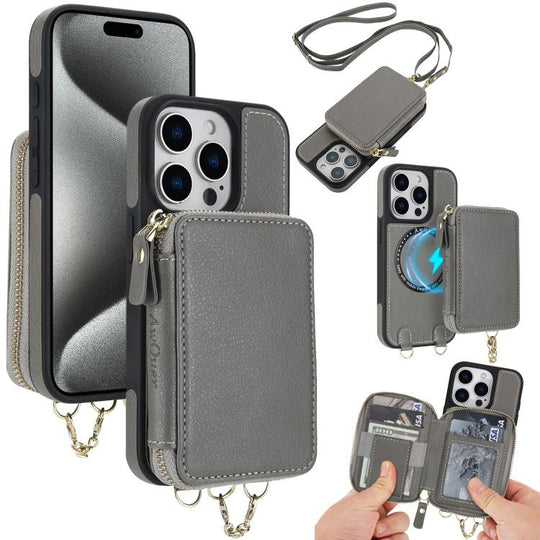 For iPhone 15 Pro AwQuer 2 in 1 Crossbody Zipper Wallet Leather Back Phone Case(Grey)