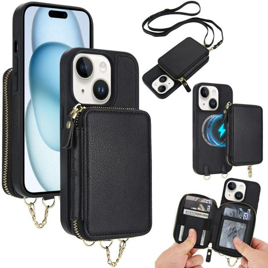 For iPhone 15 Plus AwQuer 2 in 1 Crossbody Zipper Wallet Leather Back Phone Case(Black)