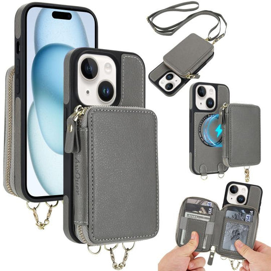 For iPhone 15 Plus AwQuer 2 in 1 Crossbody Zipper Wallet Leather Back Phone Case(Grey)