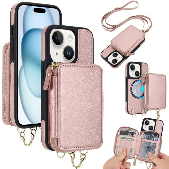 For iPhone 15 AwQuer 2 in 1 Crossbody Zipper Wallet Leather Back Phone Case(Rose Gold)