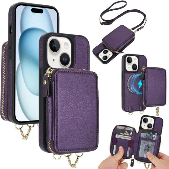 For iPhone 15 AwQuer 2 in 1 Crossbody Zipper Wallet Leather Back Phone Case(Dark Purple)