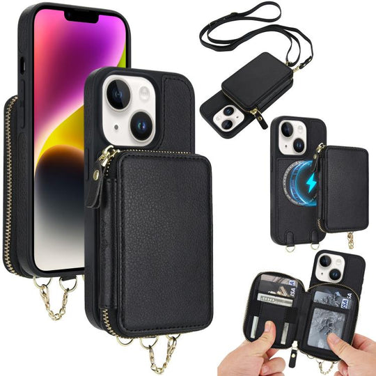 For iPhone 14 Plus AwQuer 2 in 1 Crossbody Zipper Wallet Leather Back Phone Case(Black)