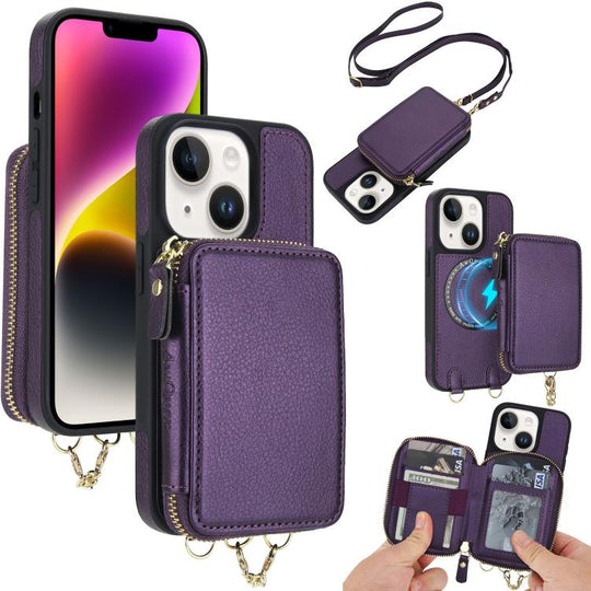 For iPhone 14 Plus AwQuer 2 in 1 Crossbody Zipper Wallet Leather Back Phone Case(Dark Purple)