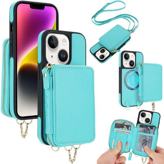 For iPhone 14 / 13 AwQuer 2 in 1 Crossbody Zipper Wallet Leather Back Phone Case(Light Green)