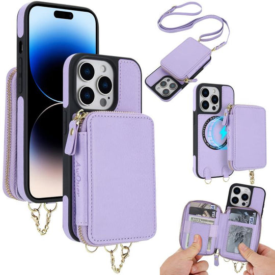 For iPhone 14 Pro AwQuer 2 in 1 Crossbody Zipper Wallet Leather Back Phone Case(Light Purple)