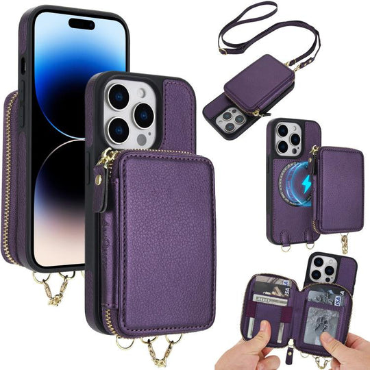 For iPhone 14 Pro AwQuer 2 in 1 Crossbody Zipper Wallet Leather Back Phone Case(Dark Purple)