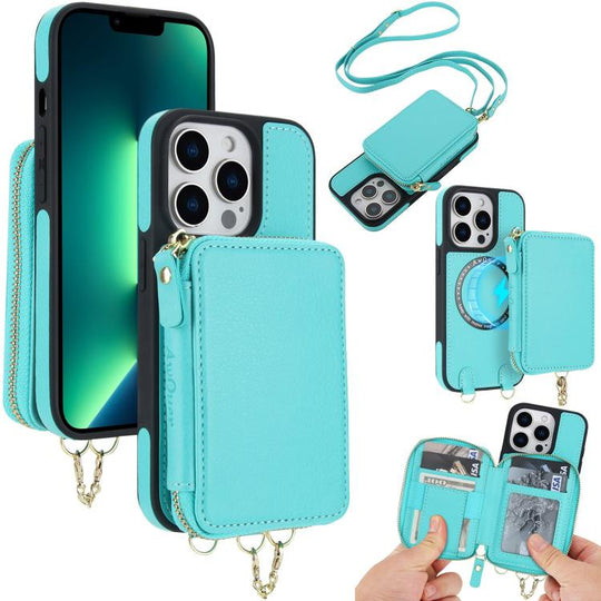 For iPhone 13 Pro Max AwQuer 2 in 1 Crossbody Zipper Wallet Leather Back Phone Case(Light Green)