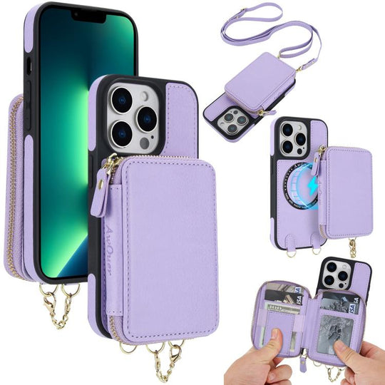 For iPhone 13 Pro AwQuer 2 in 1 Crossbody Zipper Wallet Leather Back Phone Case(Light Purple)
